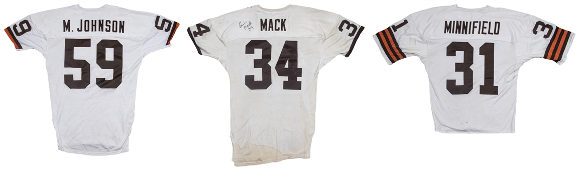 Lot of (3) 1980s Game Used Cleveland Browns Jerseys (2 Signed): Johnson, Mack, Minnifield (Beckett)